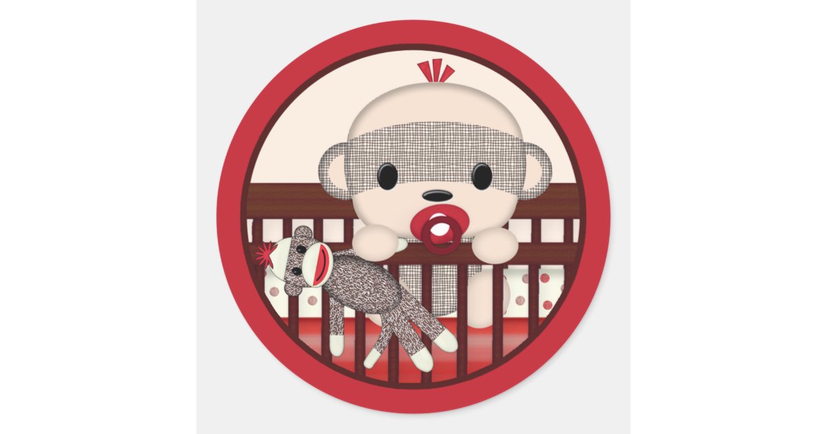 Sock Monkey Baby Shower Crib Seal Round Boy Zazzle Com