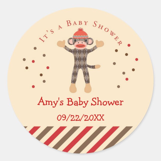 Sock Monkey Baby Shower Favor Sticker (Front)