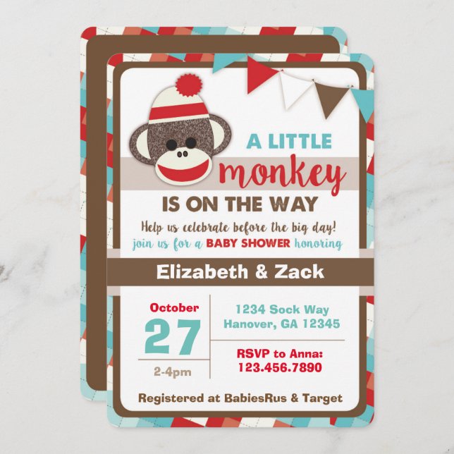 Sock Monkey Baby Shower Invitation (Front/Back)