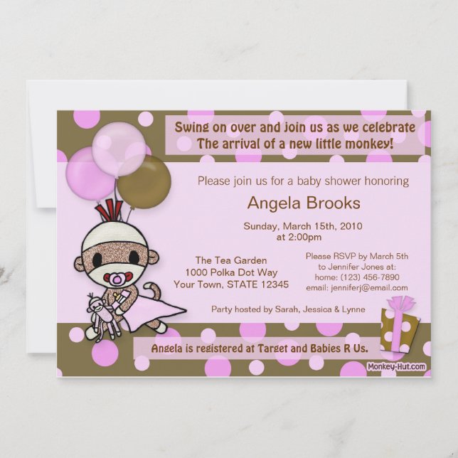 Sock Monkey Baby Shower Invitation Adorable PINK (Front)