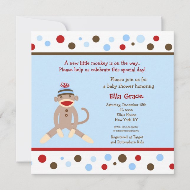 Sock Monkey Baby Shower Invitations Boy (Front)