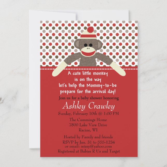 Sock Monkey Baby Shower invite - customize (Front)