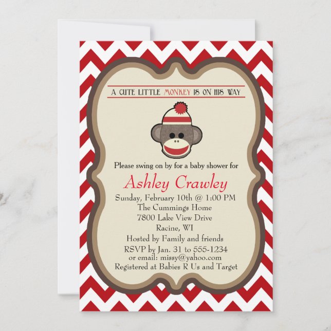 Sock Monkey Baby Shower invite - customize (Front)