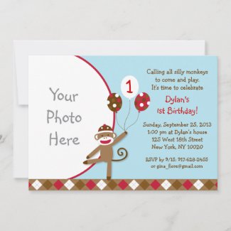 Sock Monkey Balloon Photo Birthday Invitations