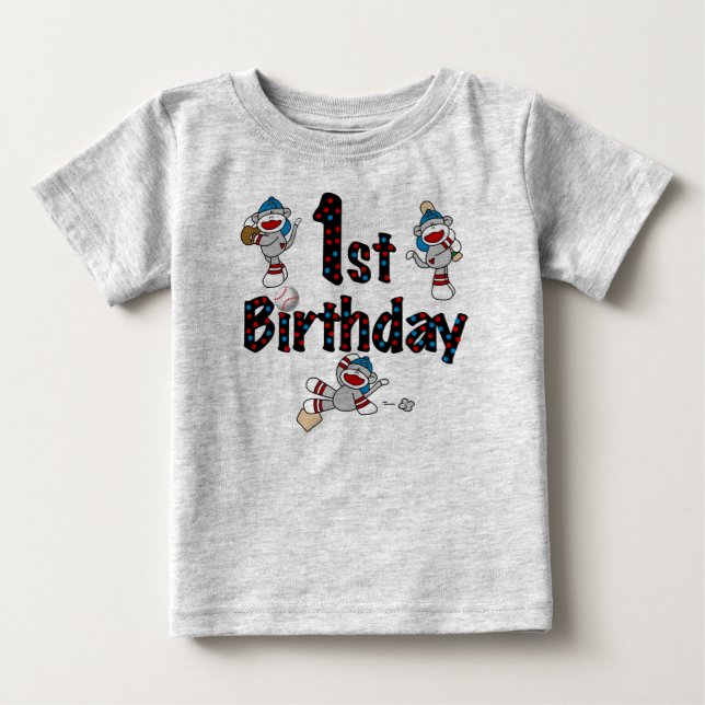 Sock Monkey Baseball 1st Birthday Baby T-Shirt (Front)