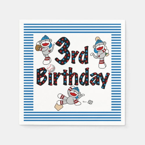 Sock Monkey Baseball 3rd Birthday Paper Napkins