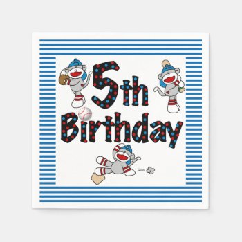 Sock Monkey Baseball 5th Birthday Paper Napkins by kids_birthdays at Zazzle