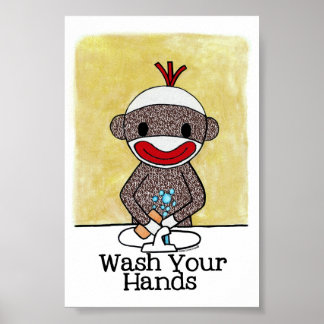 Sock Monkey Bathroom Reminder Wash Your Hands 4x6 Poster