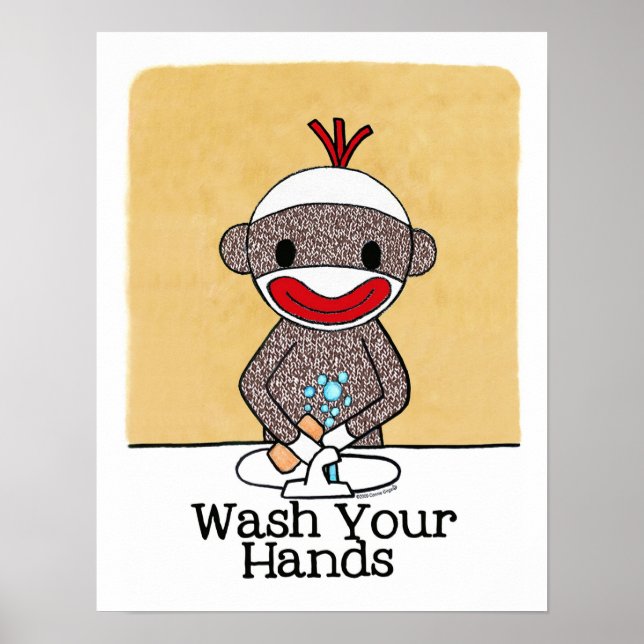 Sock Monkey Bathroom Reminder Wash Your Hands Poster (Front)