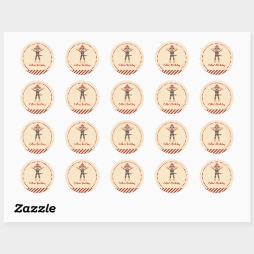 Sock Monkey Birthday Favor Sticker | Zazzle