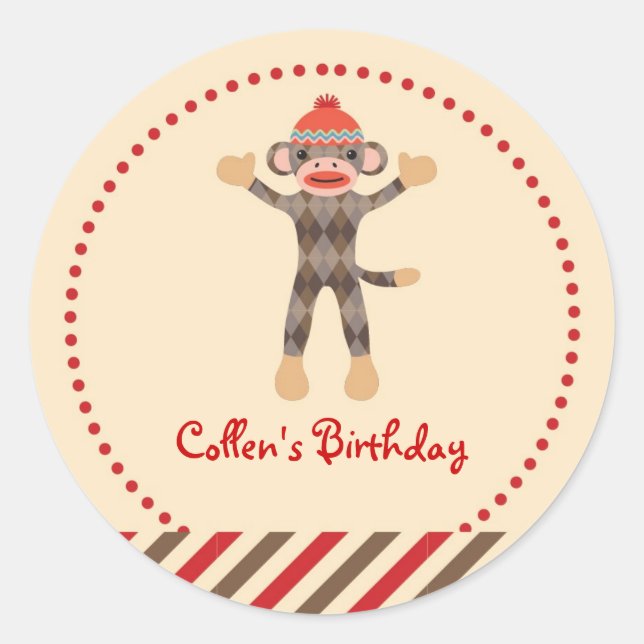 Sock Monkey Birthday Favor Sticker (Front)