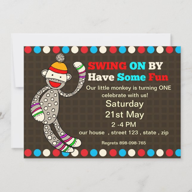 Sock  monkey Birthday invitation (Front)