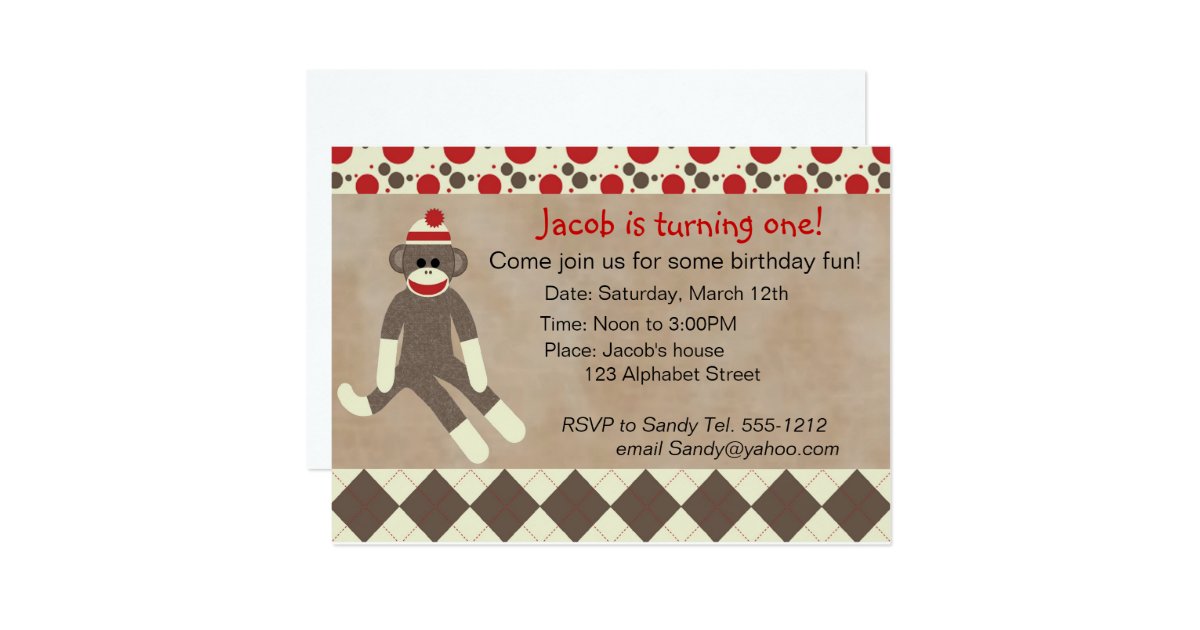 Sock Monkey Birthday Invitation Zazzle