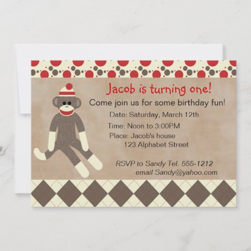 Sock Monkey Birthday Invitation