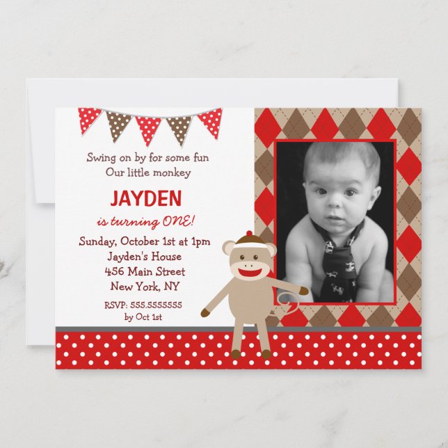 Sock Monkey Birthday Invitations (Front)