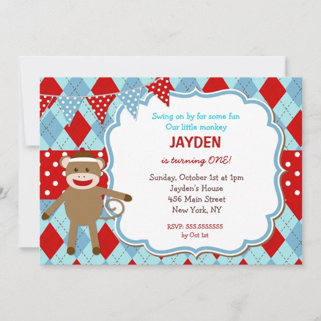 Sock Monkey Birthday Invitations (Front)