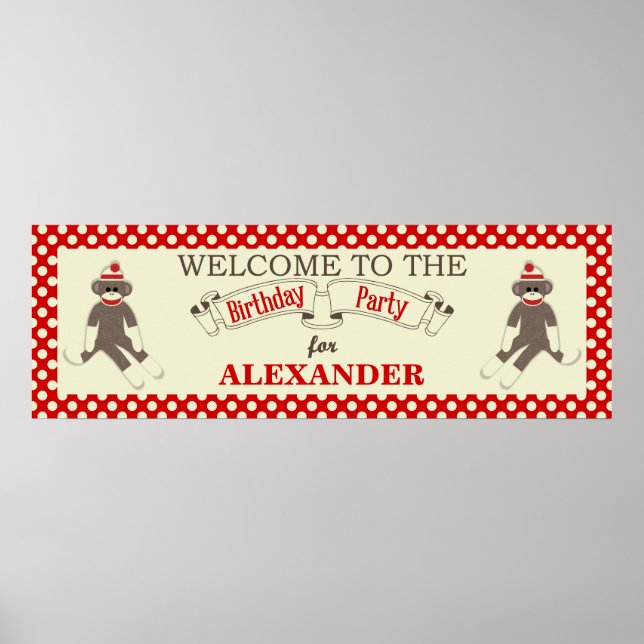 Sock Monkey Birthday party banner personalize Poster (Front)