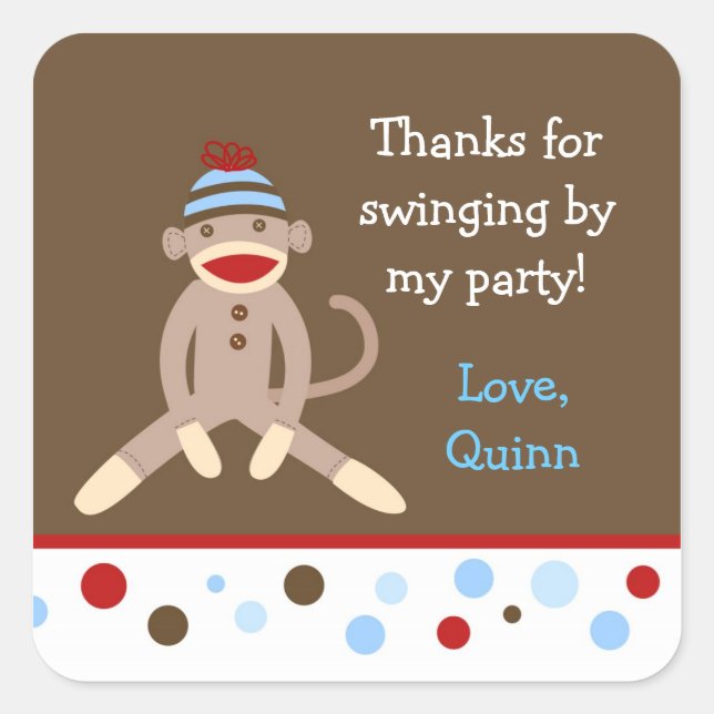 Sock Monkey Birthday Party Favor Stickers Boy (Front)