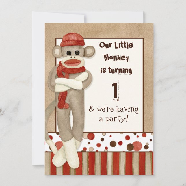 Sock Monkey, Birthday Party Invitation (Front)