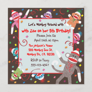 Sock Monkey Birthday Party Invitation Card