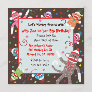 6 - Sock Monkey birthday invitation Print Your Own