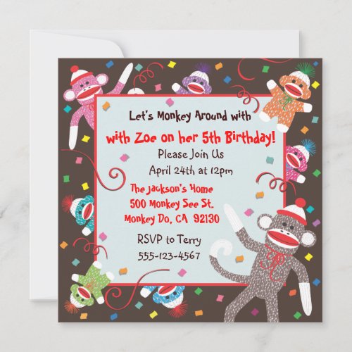 Sock Monkey Birthday Party Invitation Card