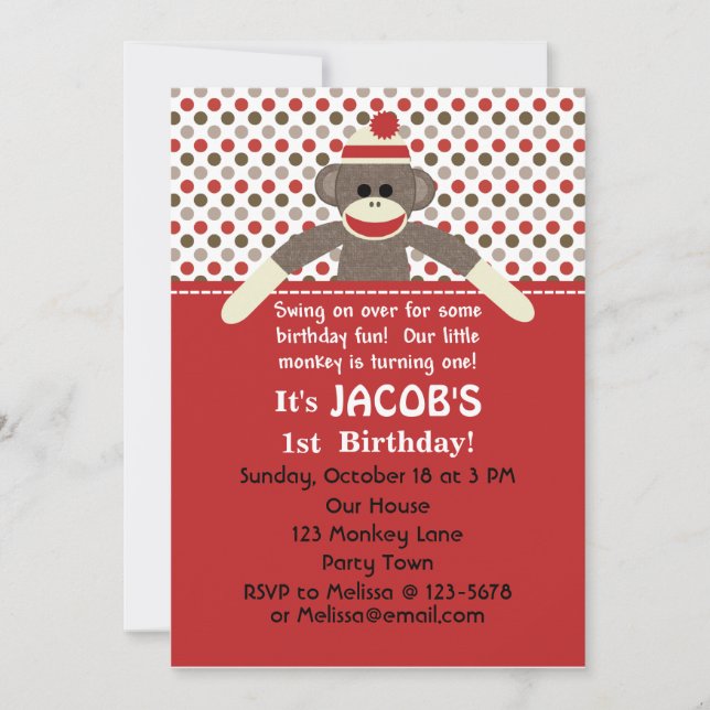 Sock Monkey Birthday Party invitation - customize (Front)