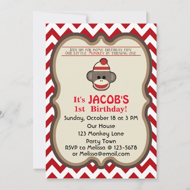 Sock Monkey Birthday Party invitation - customize (Front)