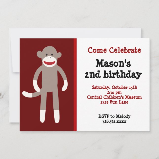 Sock Monkey Birthday Party Invitations (Front)