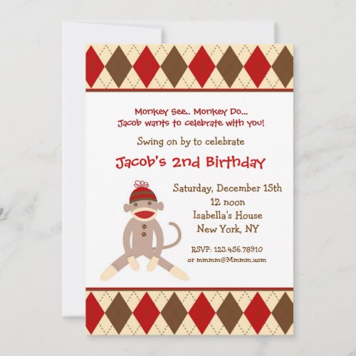 Sock Monkey Birthday Party Invitations
