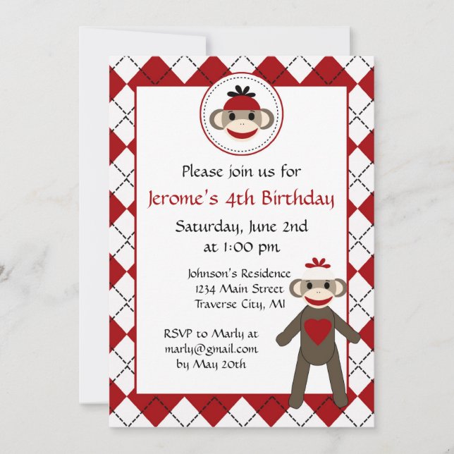 Sock Monkey Birthday Party Invitations (Front)