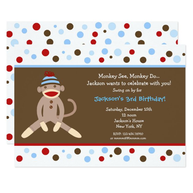 Sock Monkey Birthday Party Invitations Boy Kids