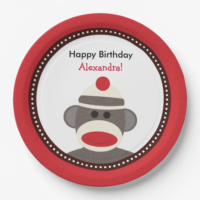 Sock Monkey Birthday Party Plates or Baby Shower (Front)