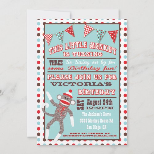 Sock Monkey Birthday Party Poster Invitation