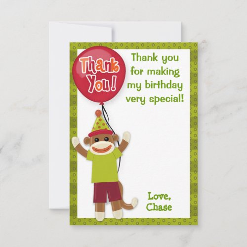 Sock Monkey Birthday Party Thank You card 35x5