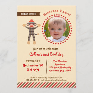 Sock Monkey Birthday Photo Invitation