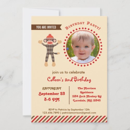 Sock Monkey Birthday Photo Invitation