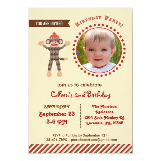 Sock Monkey Photo Birthday Invitations 3