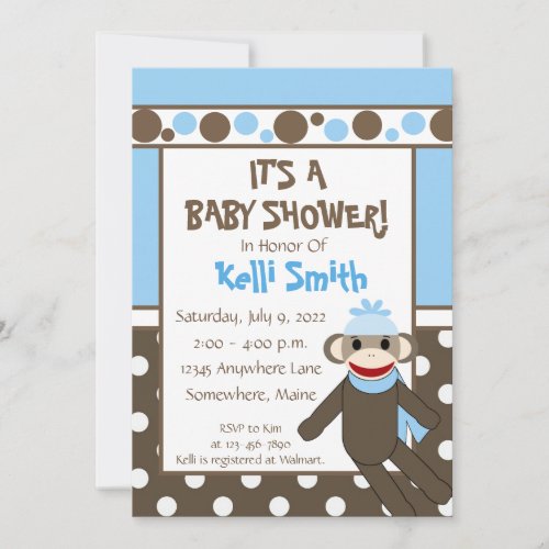 Sock Monkey Blue and White Baby Shower Invitations