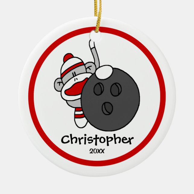 Sock Monkey Bowling Boy"s Christmas Ornament (Front)