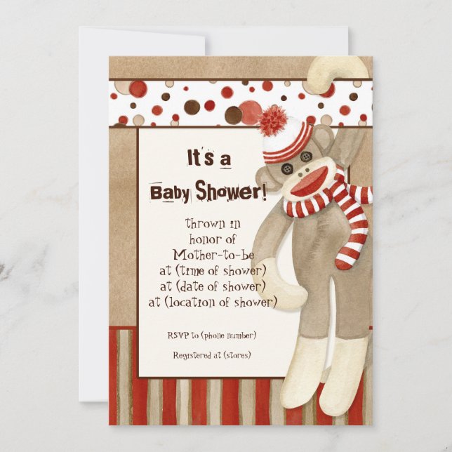 Sock Monkey, Boy Baby Shower Invitation (Front)