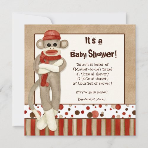 Sock Monkey Boy Baby Shower Invitation