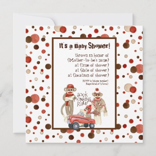 Sock Monkey Boy Baby Shower Invitation