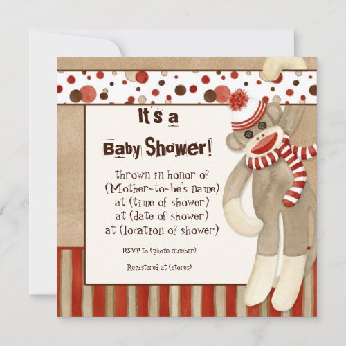 Sock Monkey Boy Baby Shower Invitation