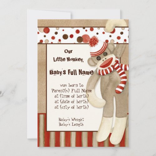 Sock Monkey Boy Birth Announcement