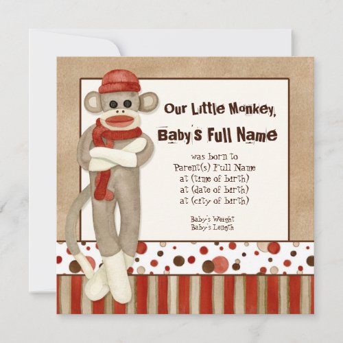 Sock Monkey Boy Birth Announcement