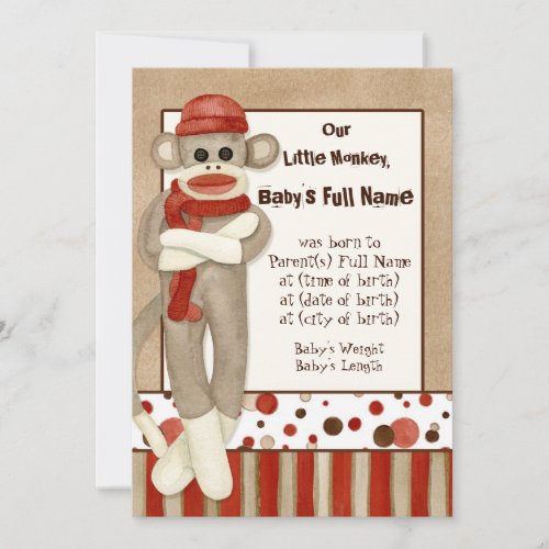 Sock Monkey Boy Birth Announcement