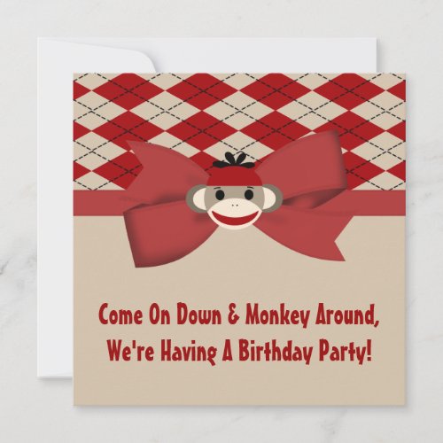 Sock Monkey Boy Gingham Birthday Party Invites