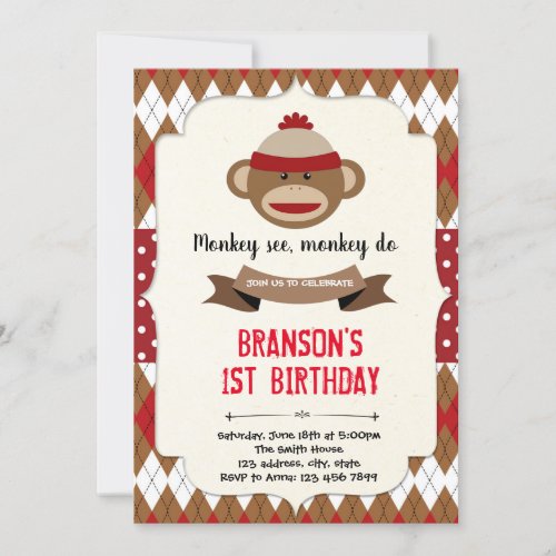 Sock monkey boy party invitation