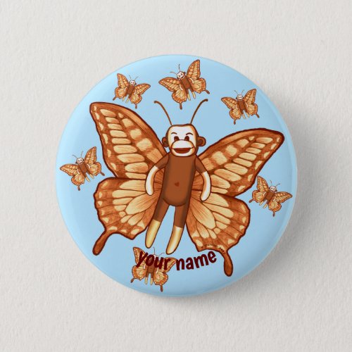 Sock Monkey Butterfly custom name Button